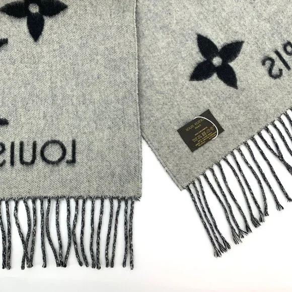 Louis Vuitton Black Monogram Logo Full-Print Cashmere Fringe Scarf